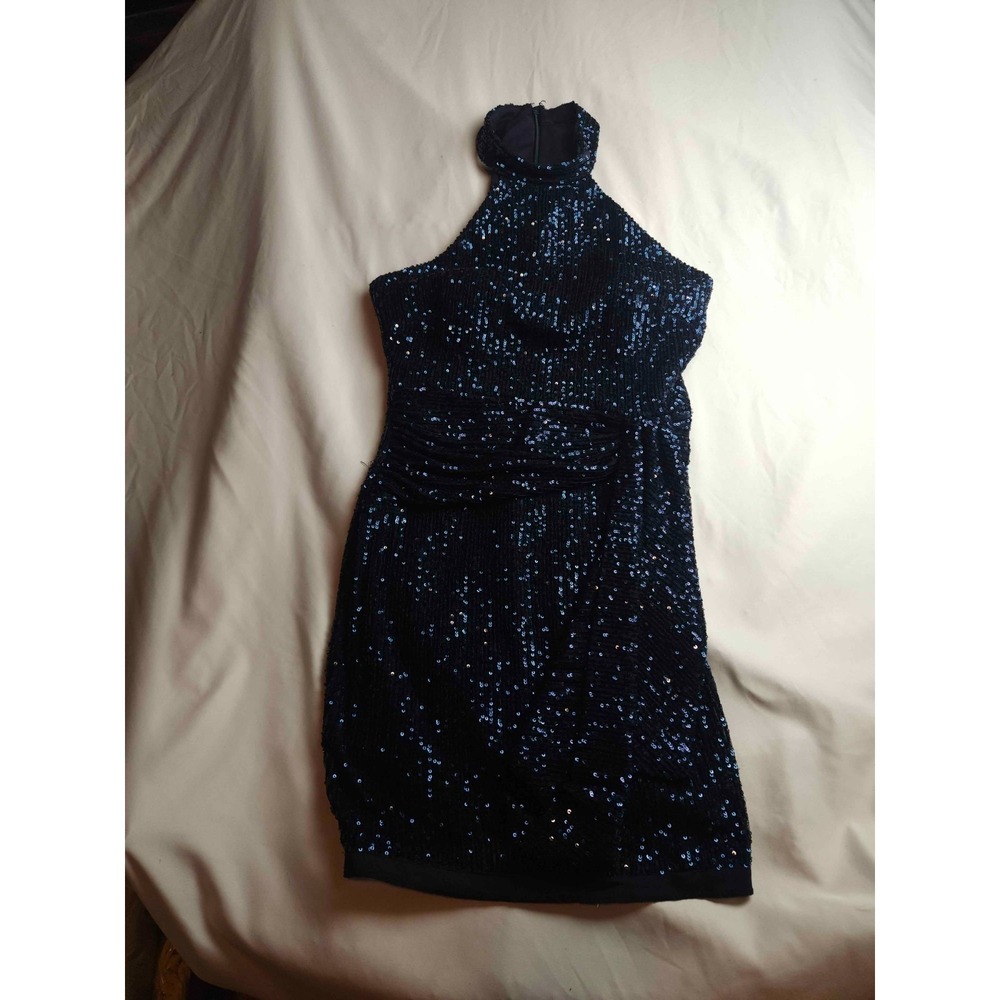 Blondie Nites Stacy Sklar Halter Sequin Mini Dress Womens 11 Juniors Navy Blue